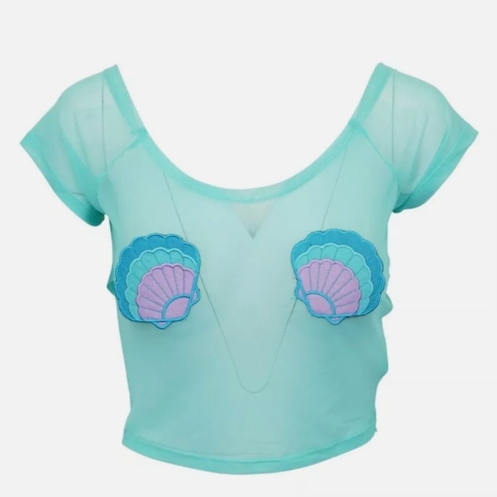 IRON FIST Mermaid for Life embellished sheer aqua mesh crop top S, L, XL NWT